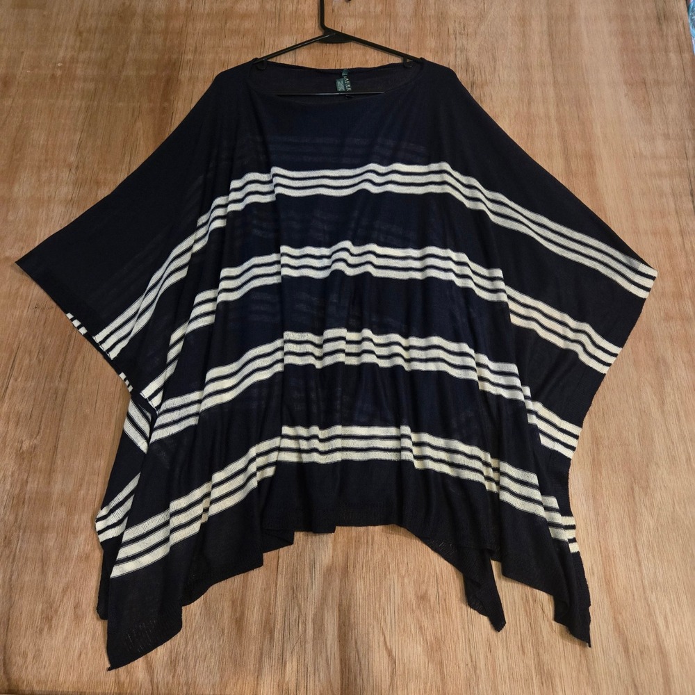Lauren Ralph Lauren Navy Blue White Striped Knit Poncho One Size Wrap‎ Sweater